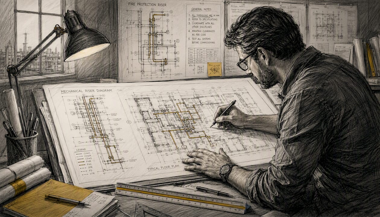 Hands preparing engineering floor and riser diagrams