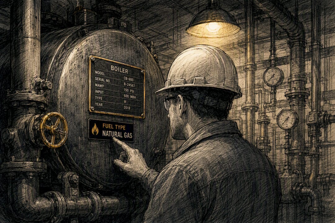 Engineer examining boiler nameplate and fuel type