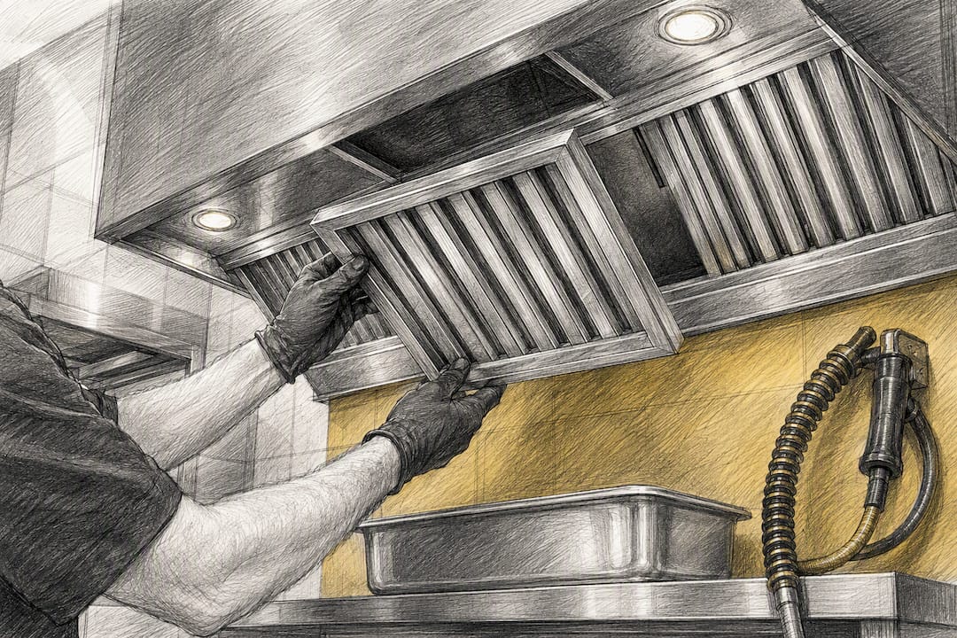 Worker removing commercial hood baffle filter