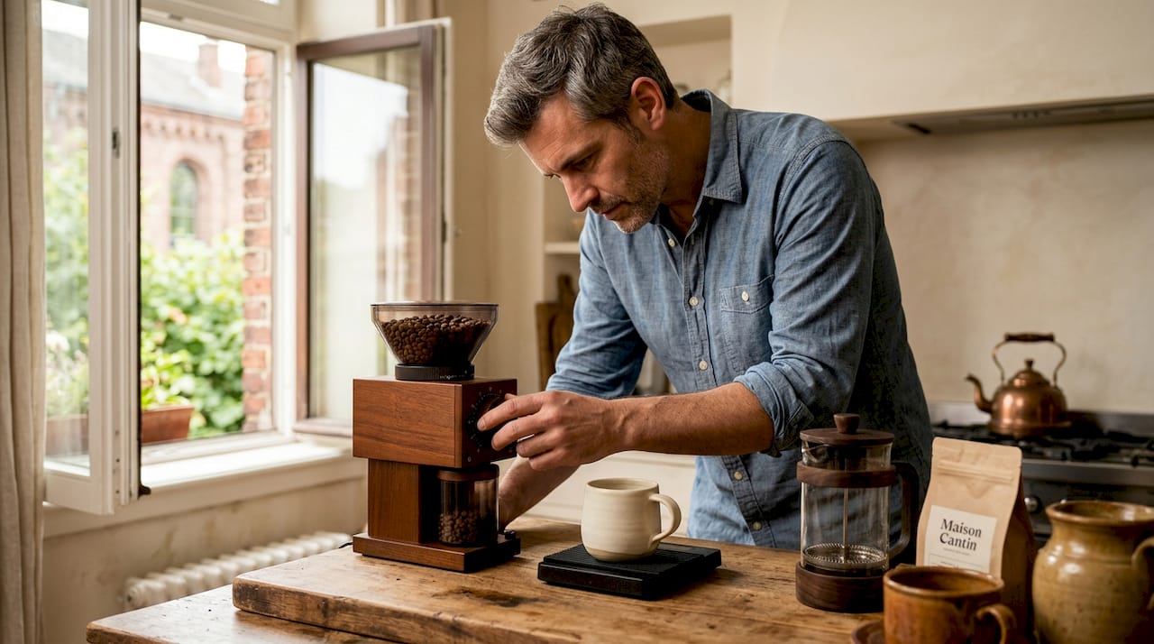 Man adjusting burr grinder in home kitchen