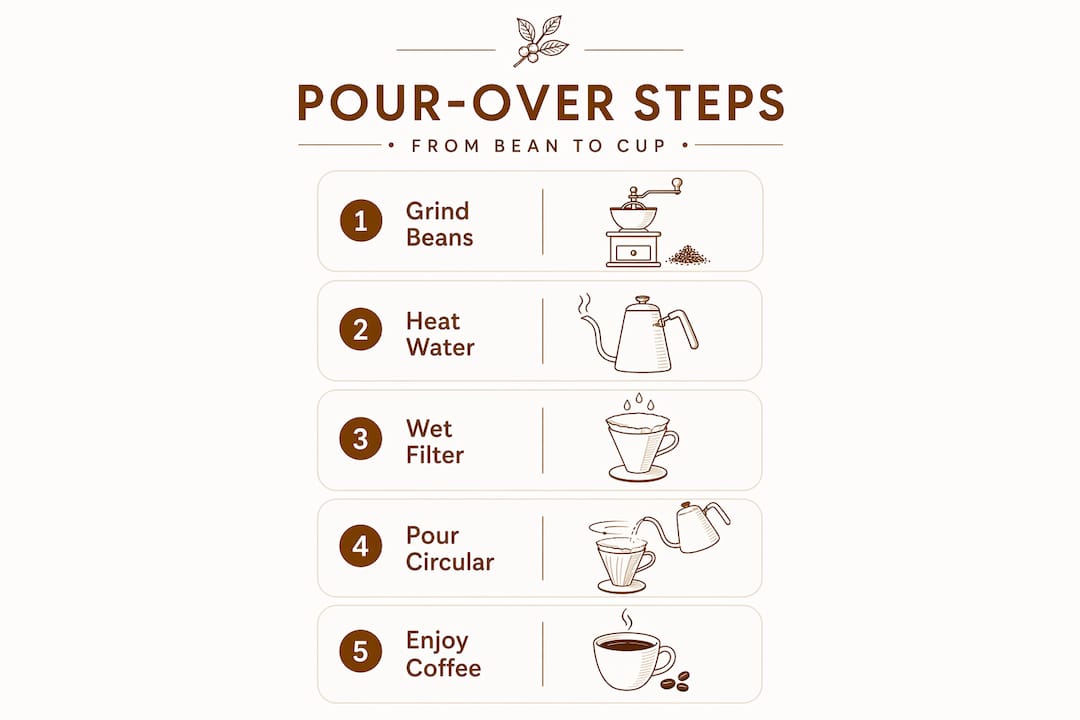 Infographic showing five pour-over coffee brewing steps