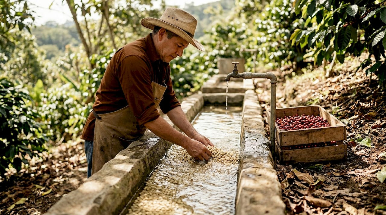 Worker rinsing coffee beans on farm