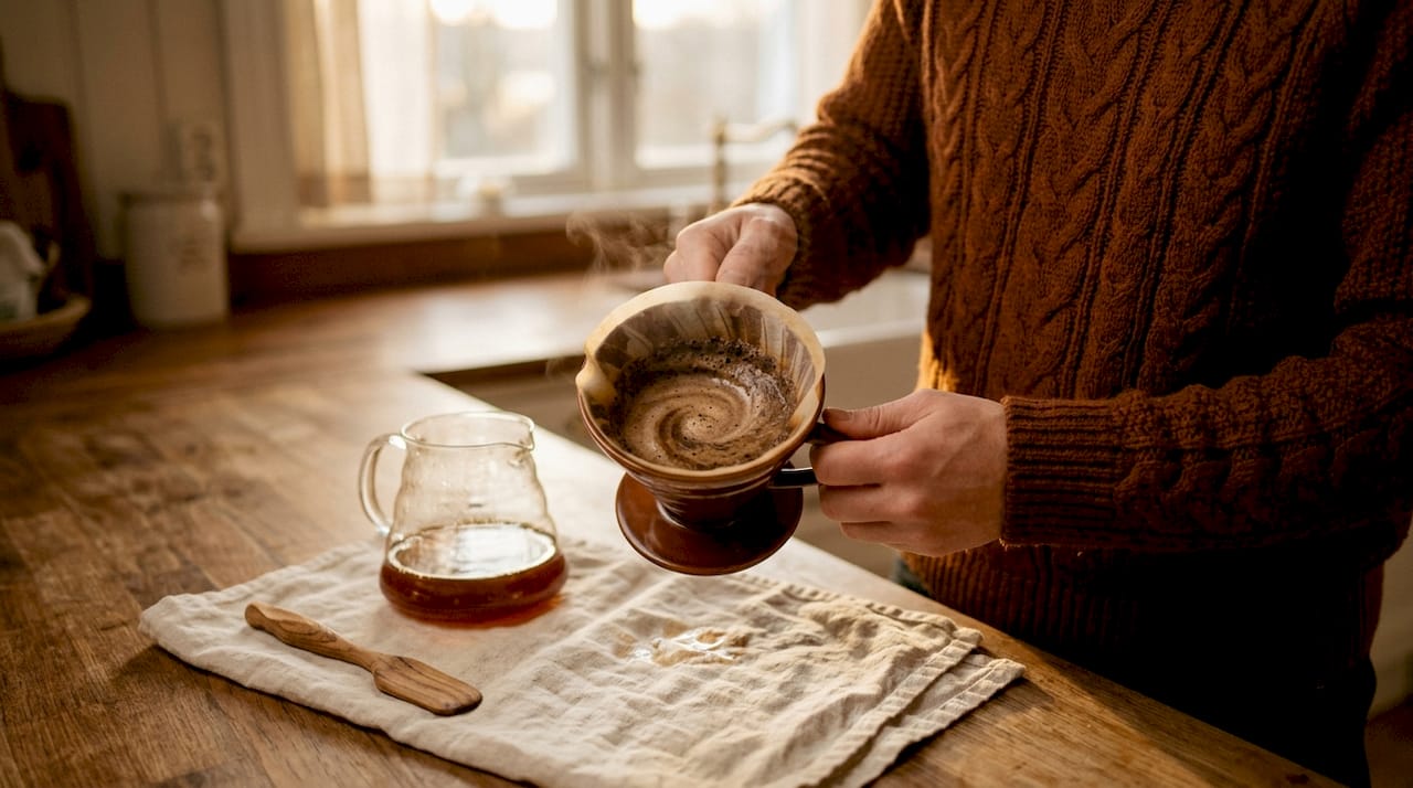 Swirling coffee bloom in pour-over brewer