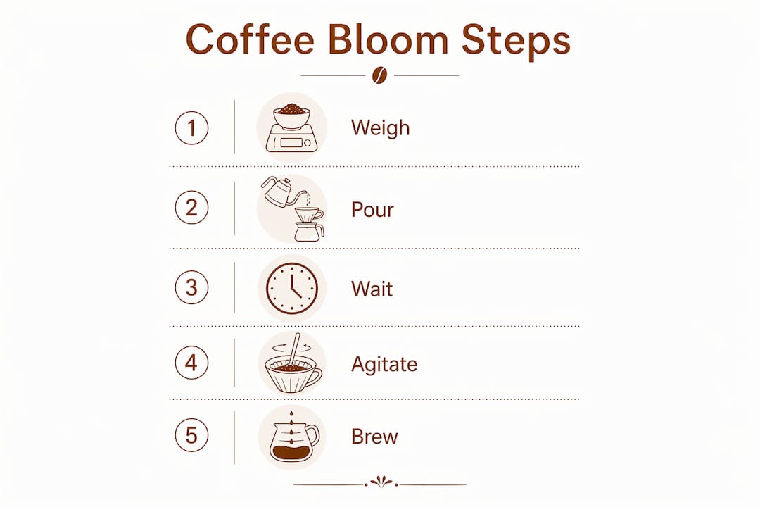 Infographic illustrating coffee bloom process steps