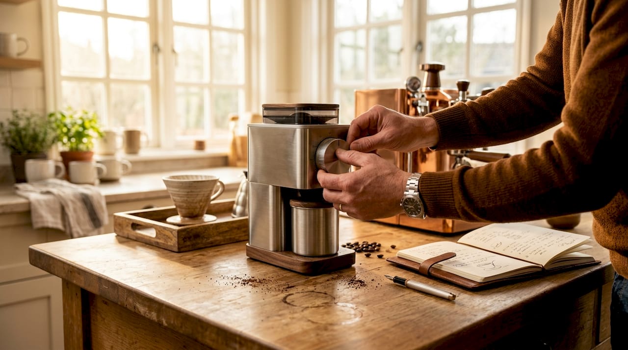 High-end coffee grinder and brewing setup