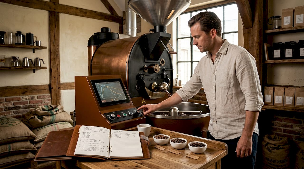 Coffee roaster adjusting roast profile in roasting room