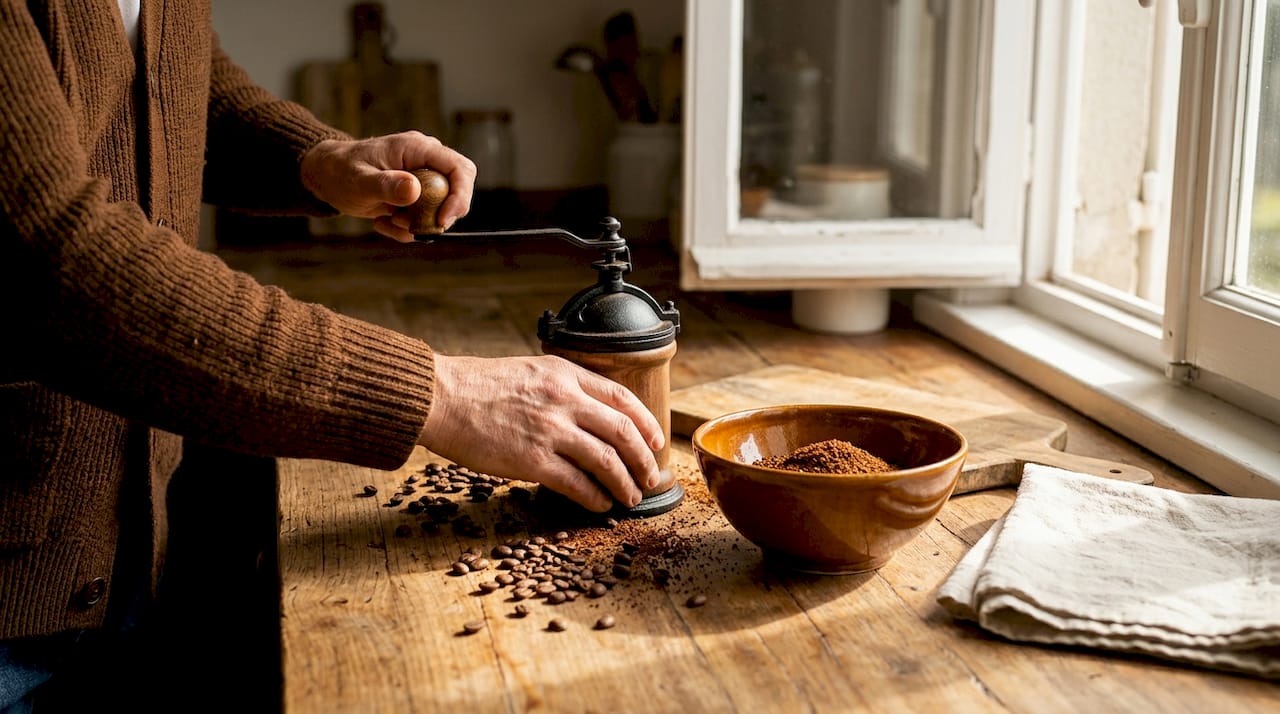 Hands grinding coffee beans at home kitchen counter