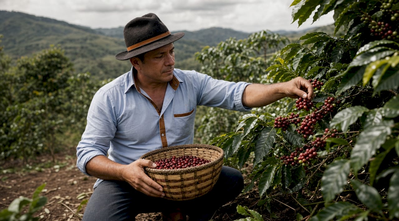 Coffee farmer inspecting cherries high-altitude farm