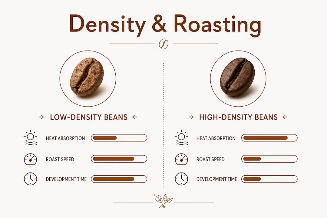 Infographic comparing low and high coffee bean density roasting differences