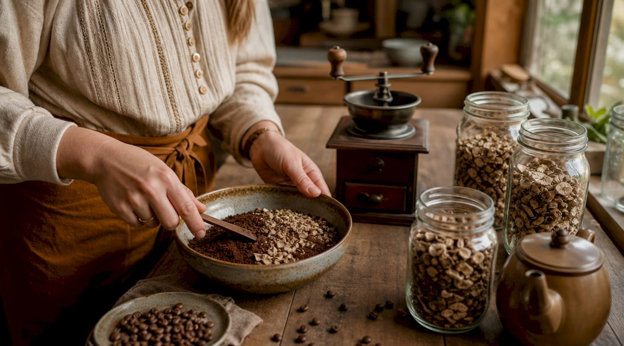 Hands grinding functional mushroom coffee blend