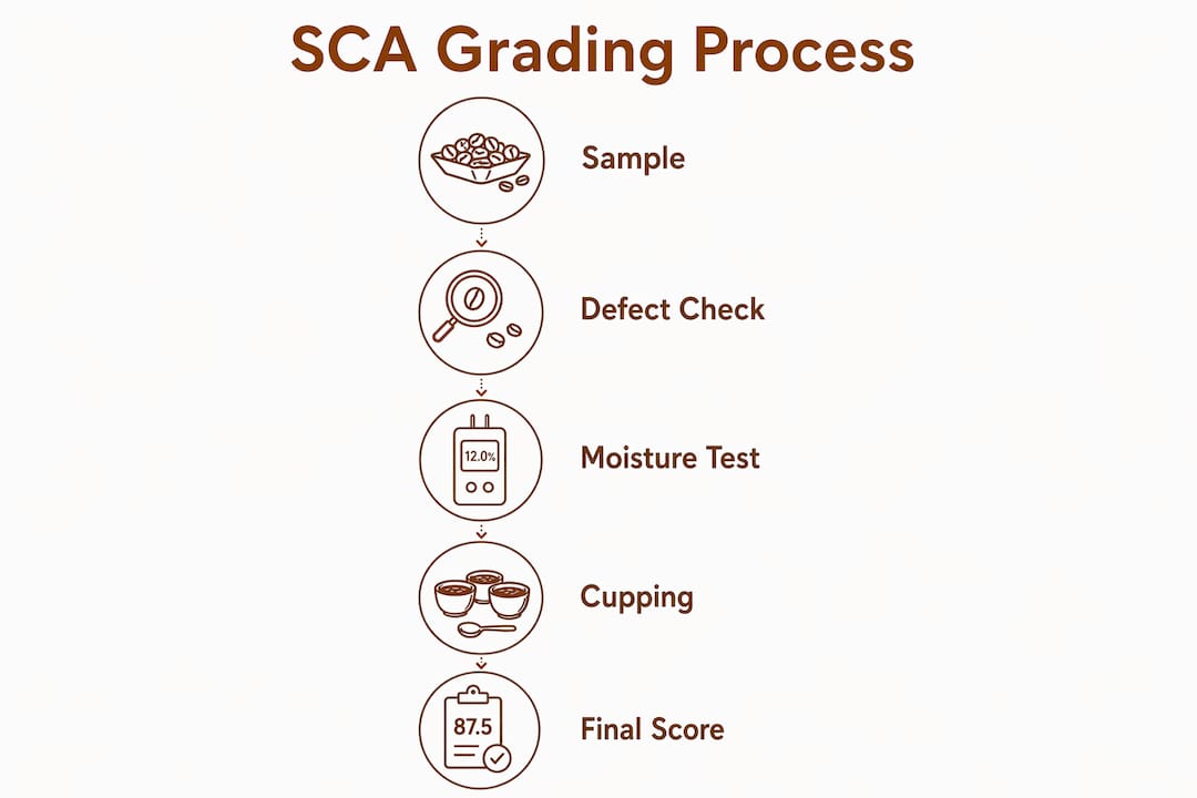 Infographic explaining SCA grading steps for Arabica coffee
