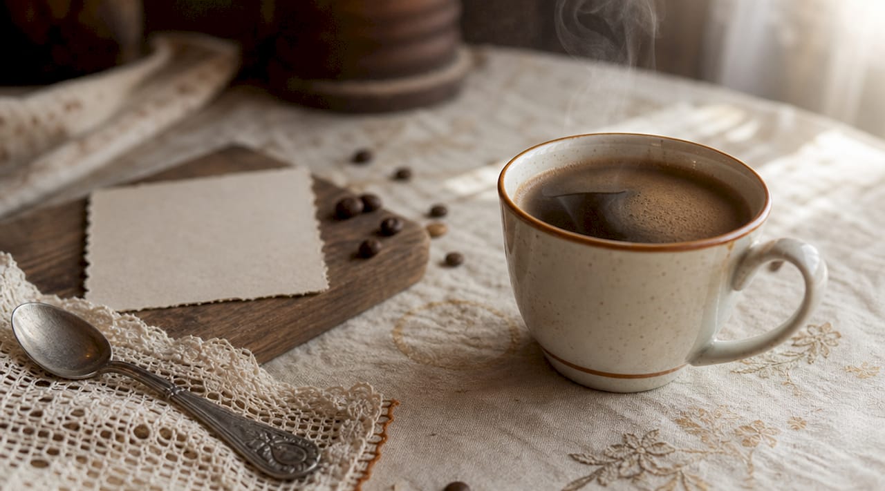 Overhead close-up of coffee cup with coffee notes