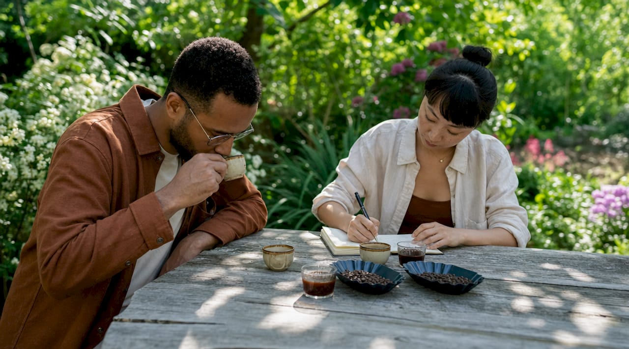 Two coffee roasters sampling brewed coffee
