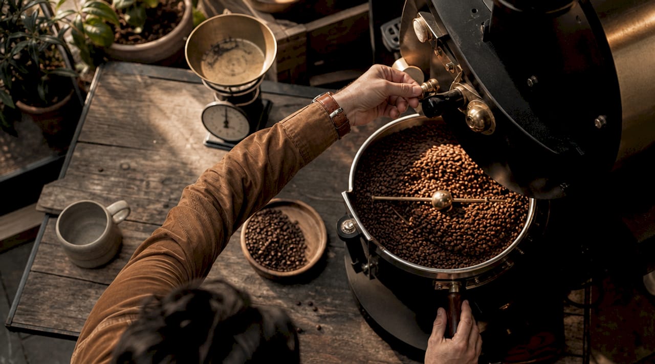 Roaster adjusting machine controls in artisanal roastery