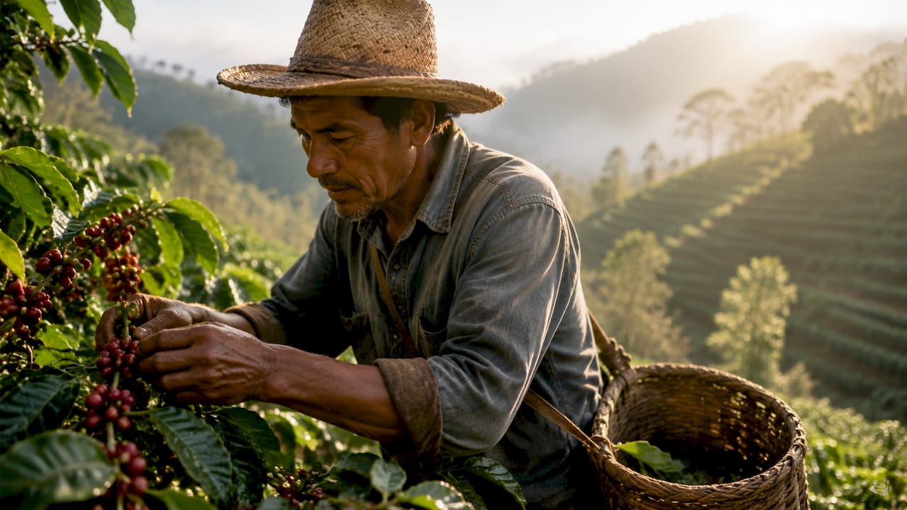 High-altitude Arabica coffee farm with farmer
