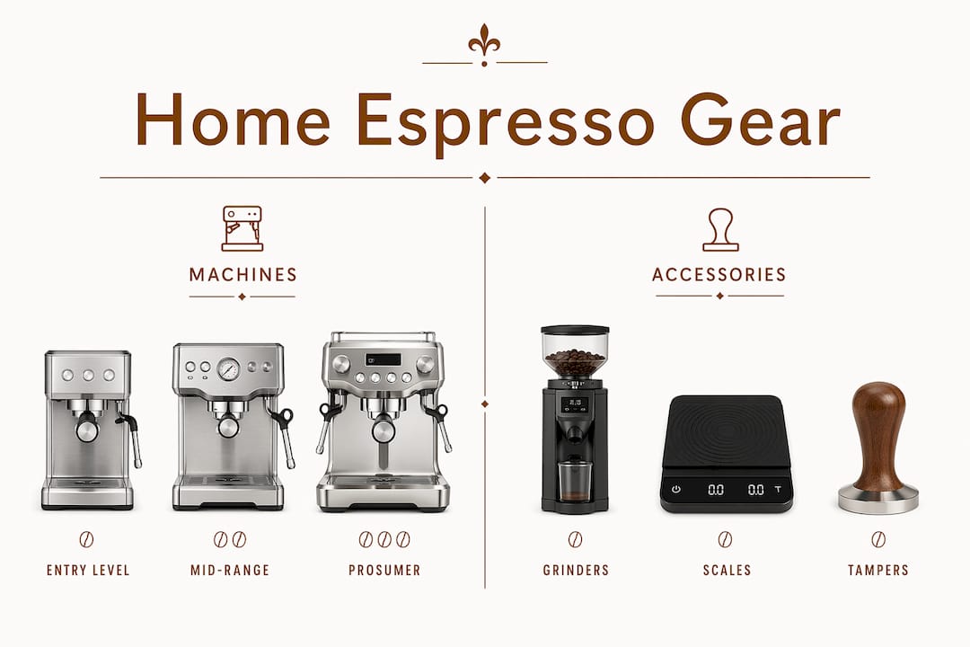 Comparison infographic of home espresso machines and accessories