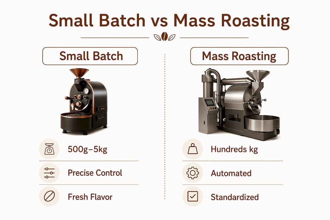 Infographic comparing small batch and mass roasting