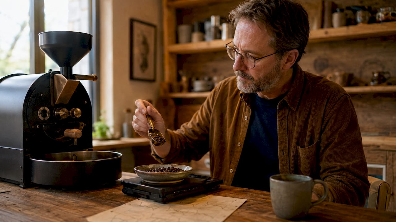 Hands using coffee roasting monitoring tools