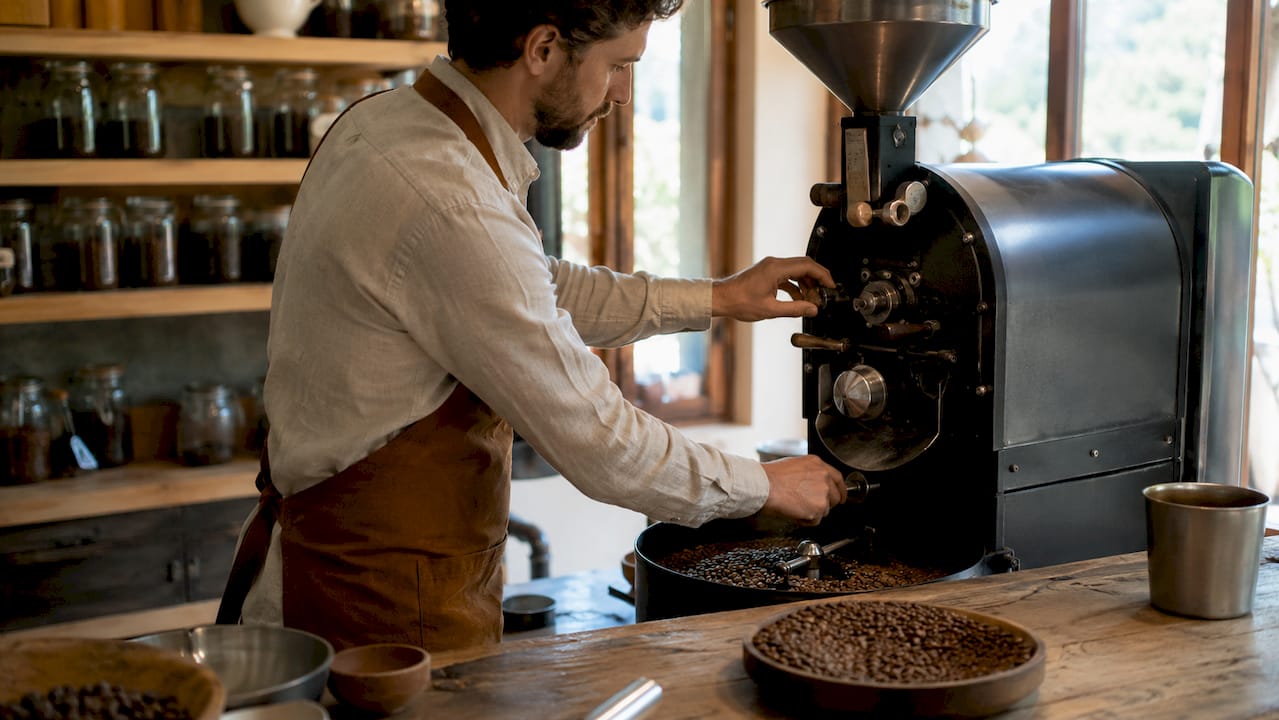 Roastmaster adjusting small batch coffee roaster