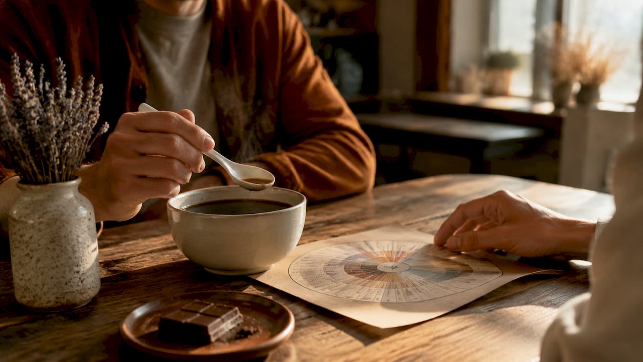 Hands holding spoon over cup with flavor wheel chart