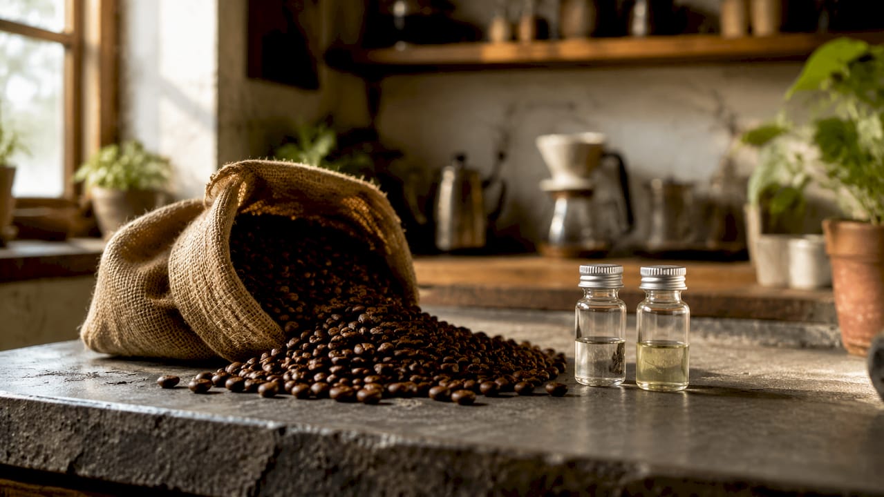 Freshly roasted coffee beans with aromatic compound vials