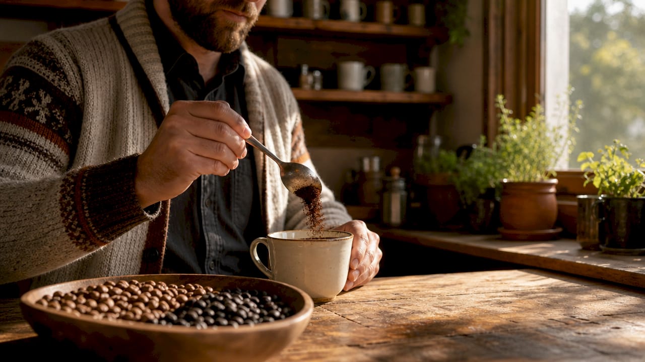 Hands holding ground coffee over cup in kitchen