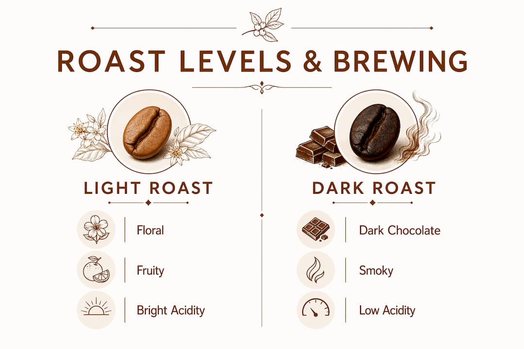 Infographic comparing light and dark coffee roasts