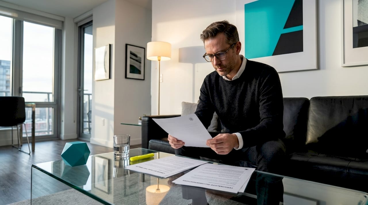 Man reviewing career assessment results on sofa