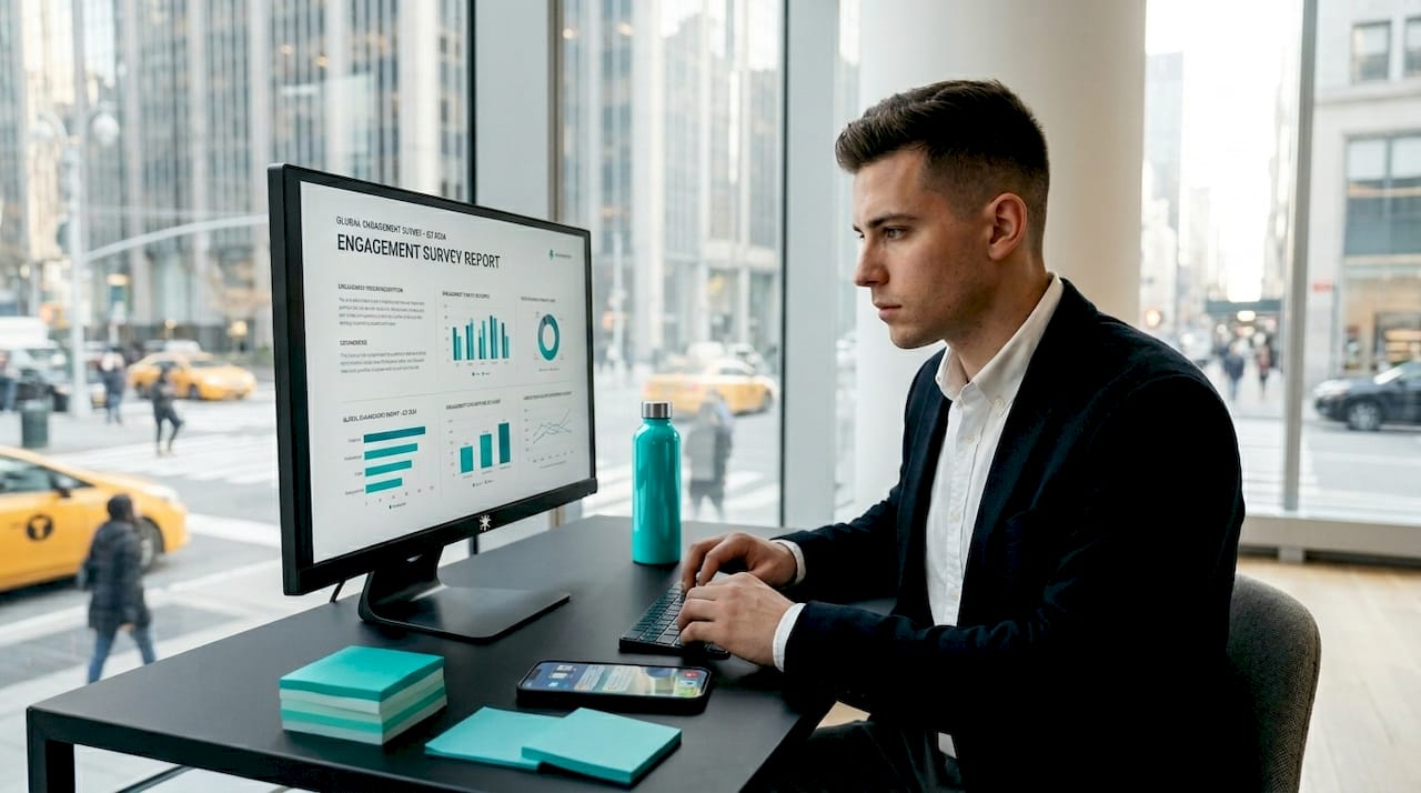 Man reviewing employee engagement report at desk