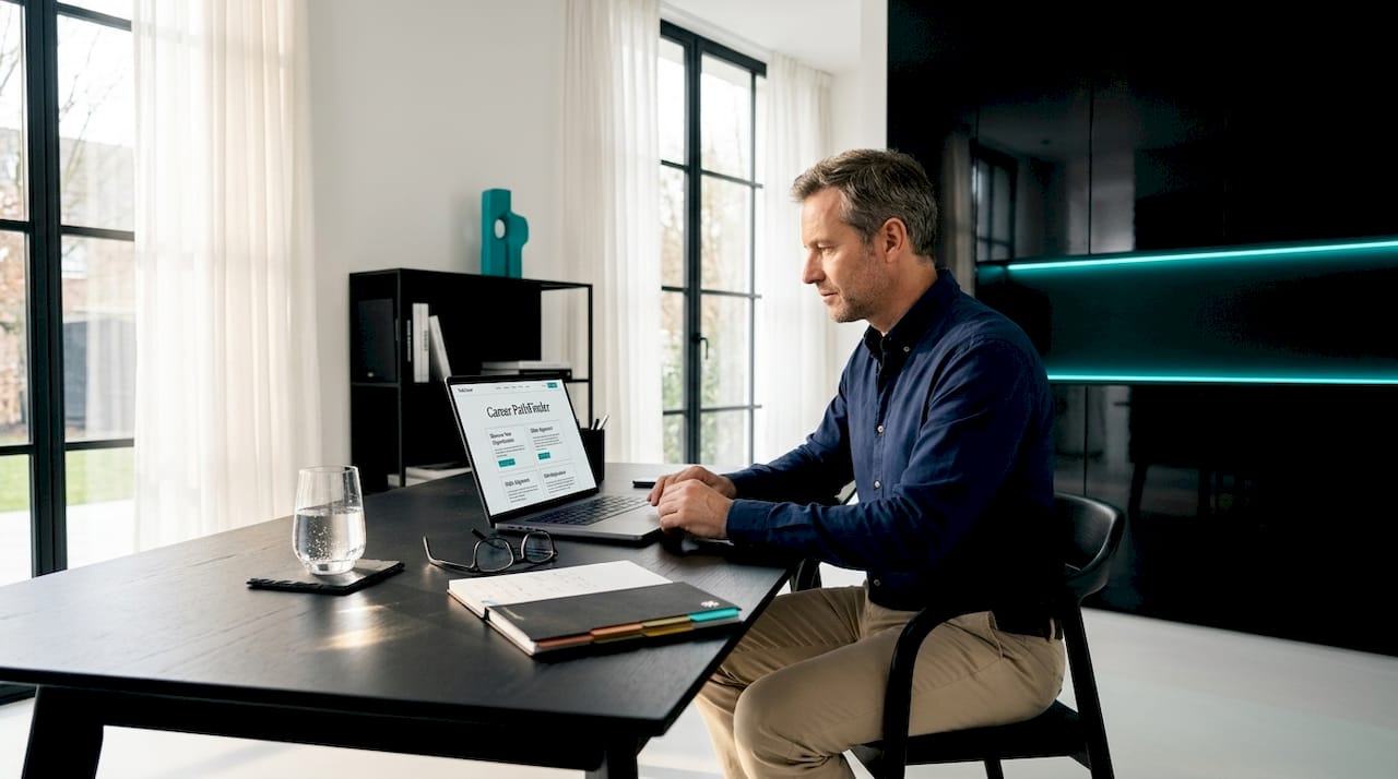 Middle-aged man completing career quiz in home office