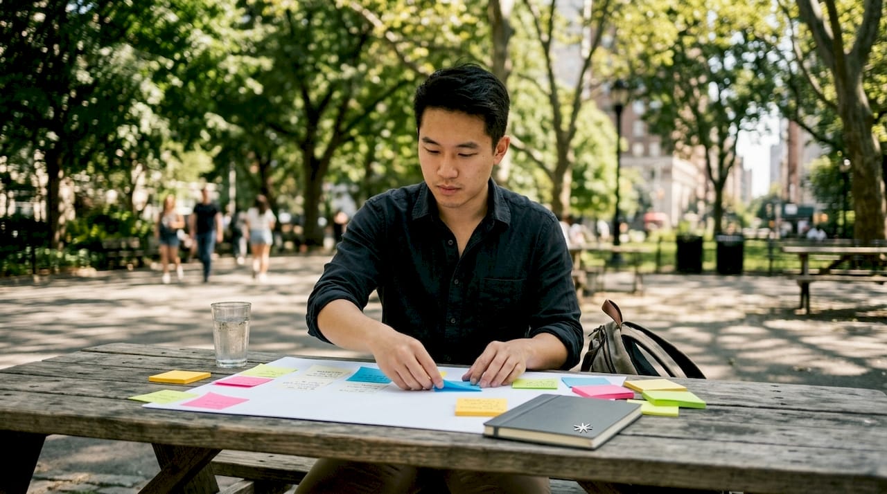 Hands arranging career roadmap milestones on sticky notes