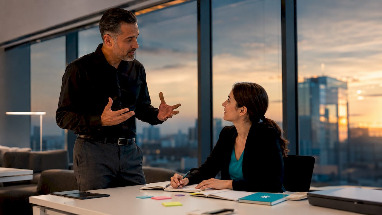 Colleagues discussing career change documents at office table
