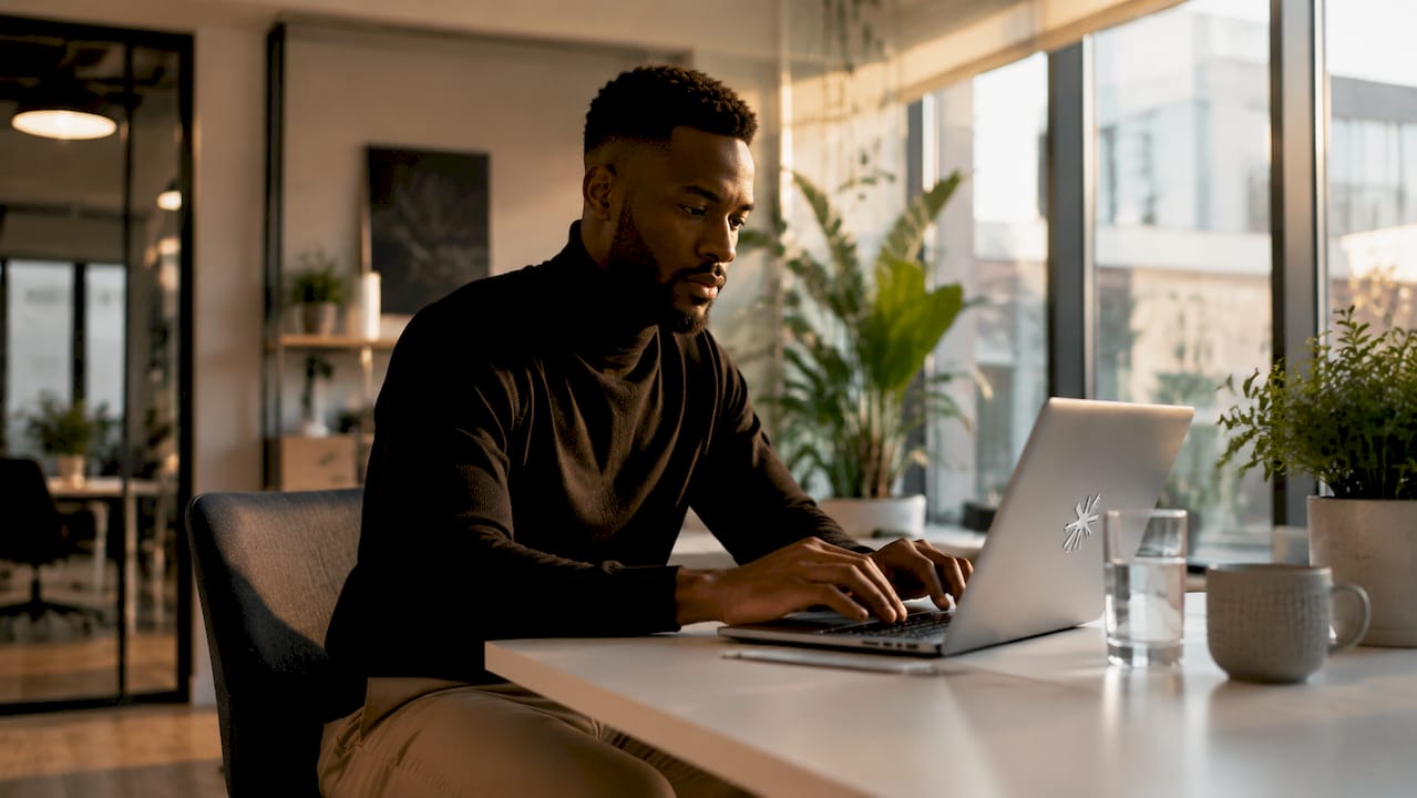 Freelancer sending client outreach email in café