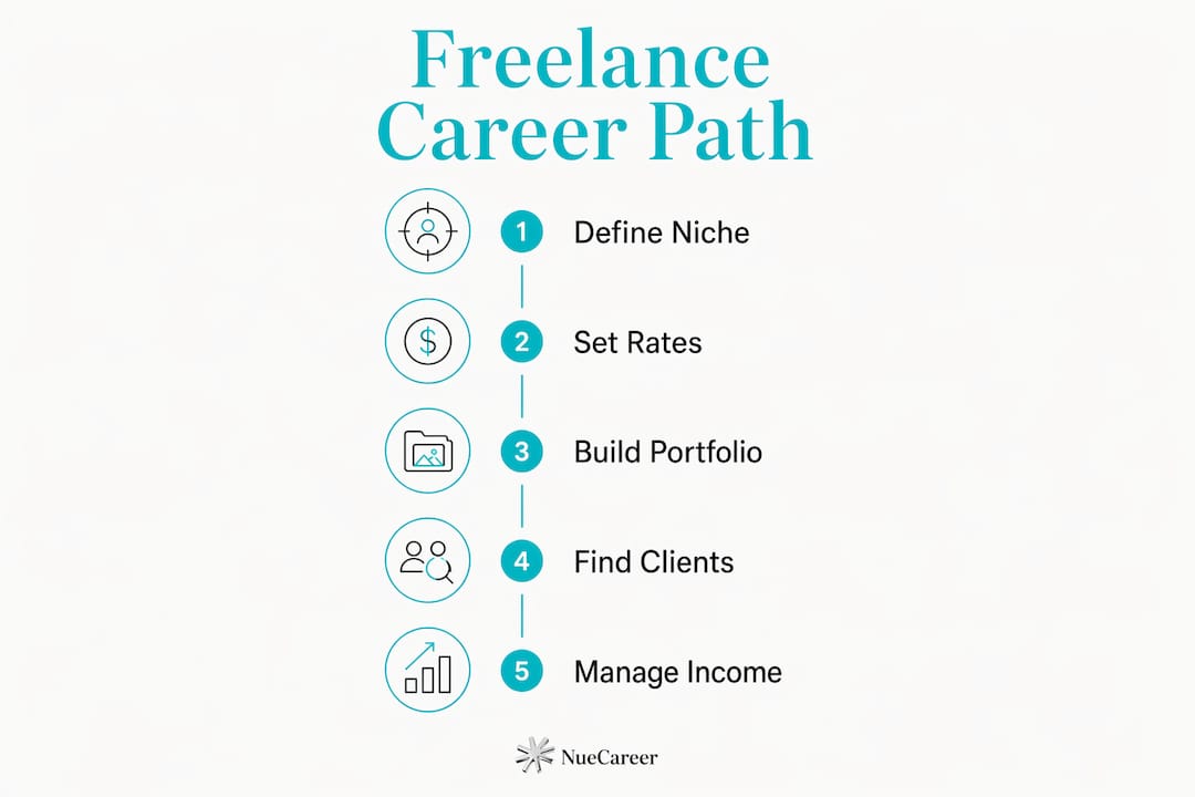 Infographic outlining steps for freelance career path