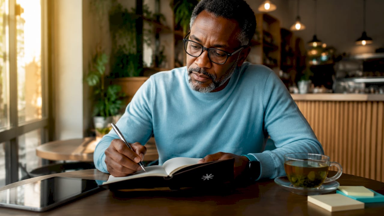 Man journaling career confidence reflections at home