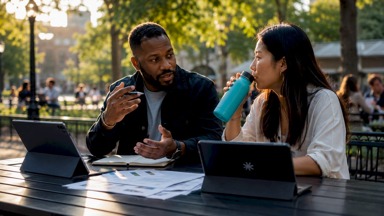 Two professionals discussing career pivot