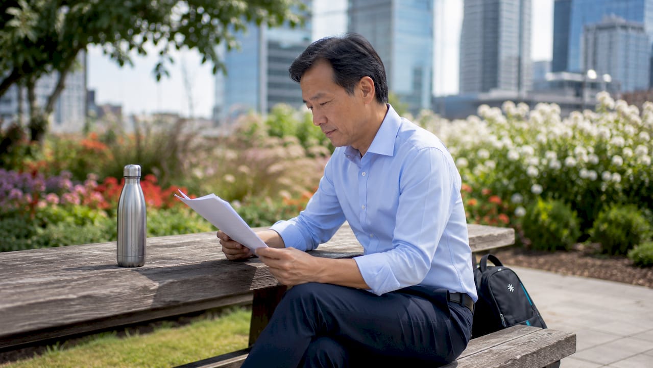 Man reading career interests report outdoors