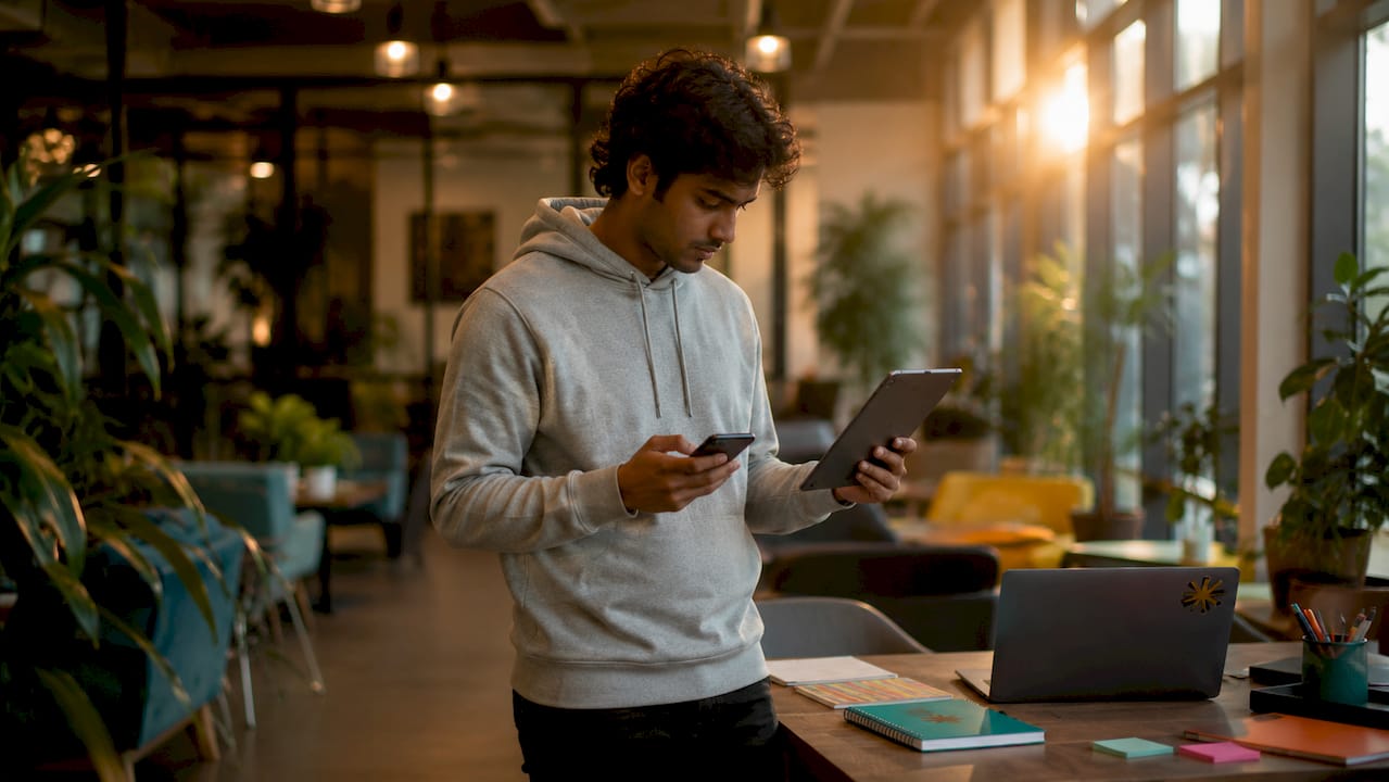 Man multitasking with tablet and phone in home office