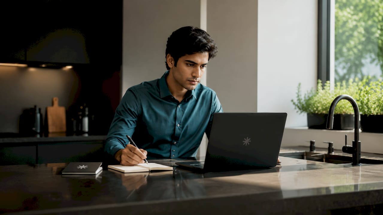 Man writing notes at home office standing desk