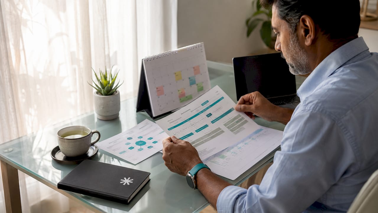 Man organizing career transition timeline materials