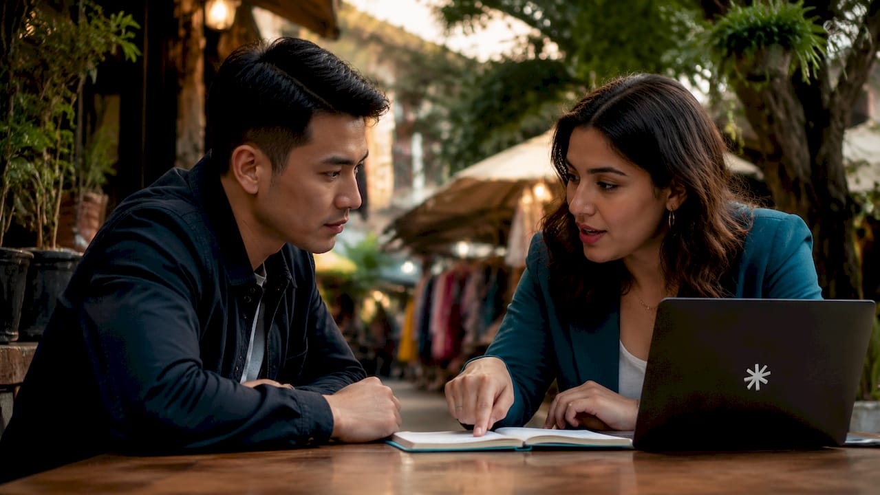 Two professionals discussing unconventional careers in cafe
