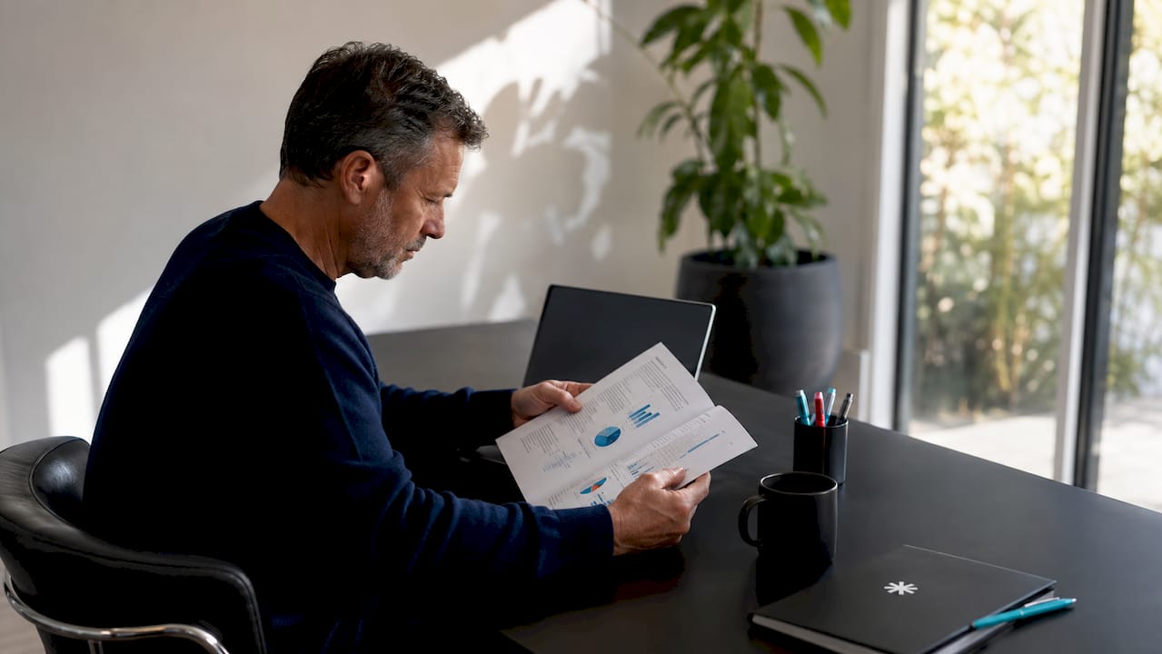 Hands holding labor statistics booklet at desk