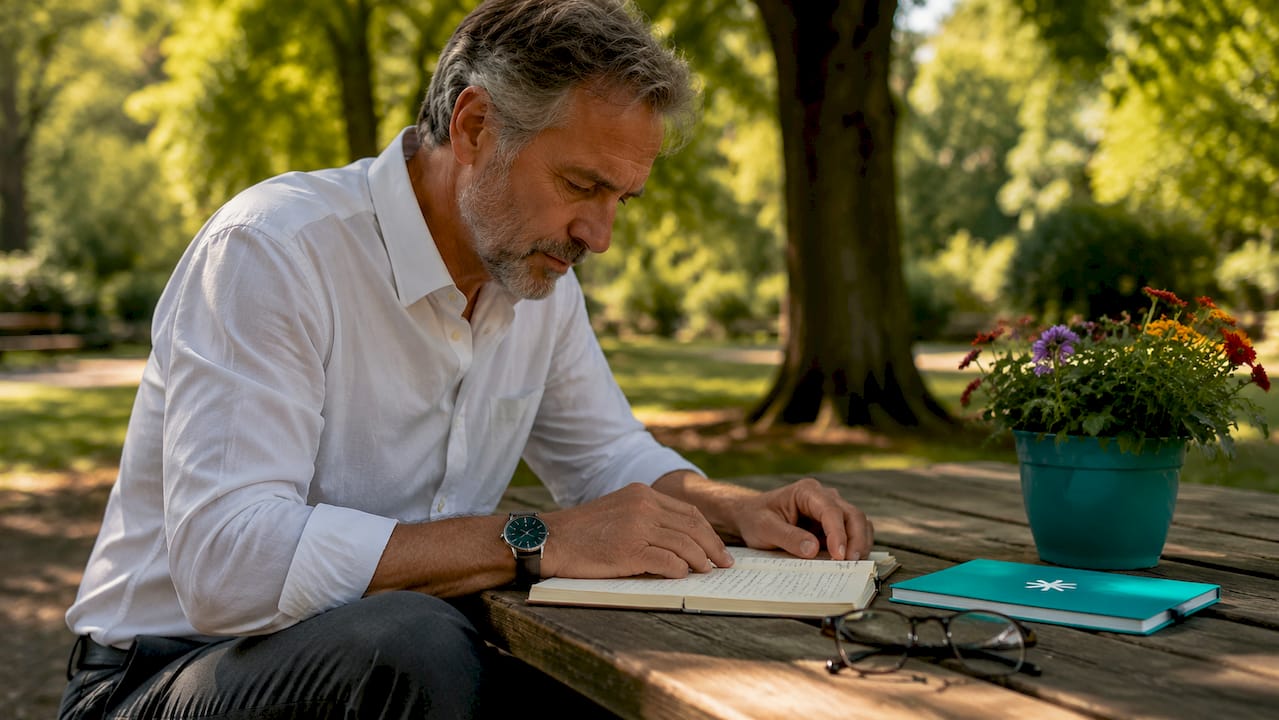 Man reviewing career notes outdoors on bench