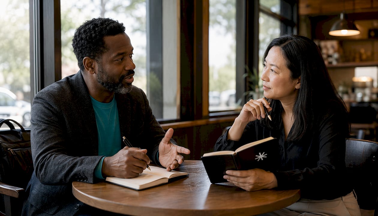 Two professionals in career networking discussion