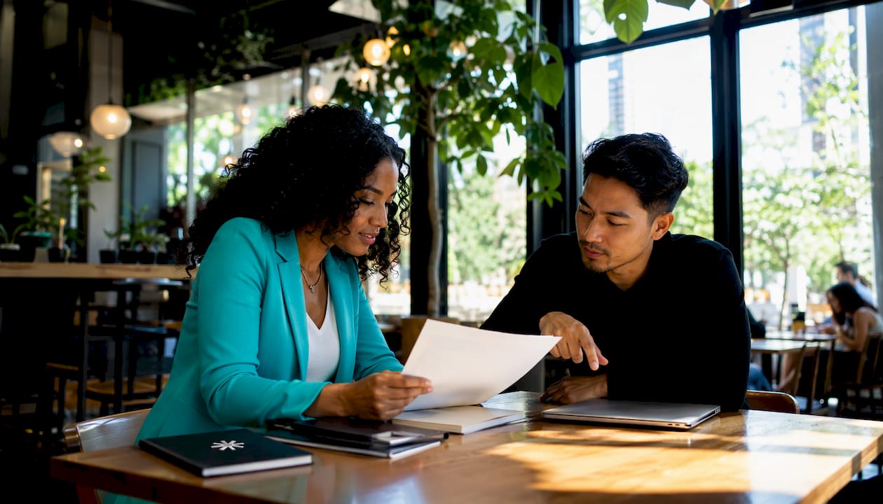 Two professionals discussing freelance career trial in office