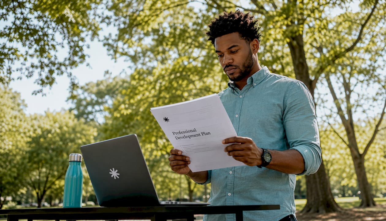 Young man studying career growth plan at office standing desk