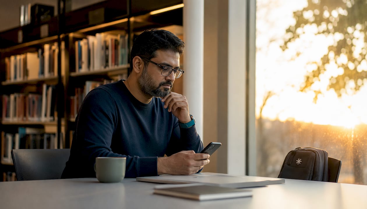 Man contemplating work-life balance in café