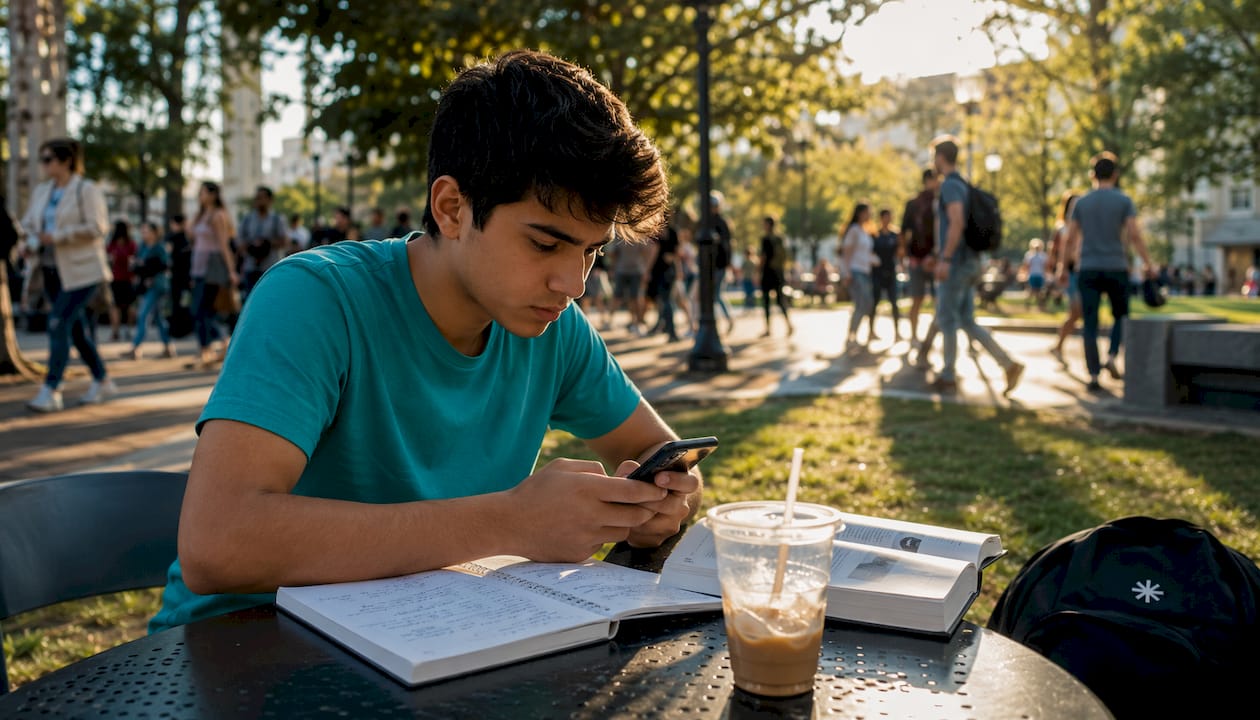 Young man browsing job postings in coffee shop