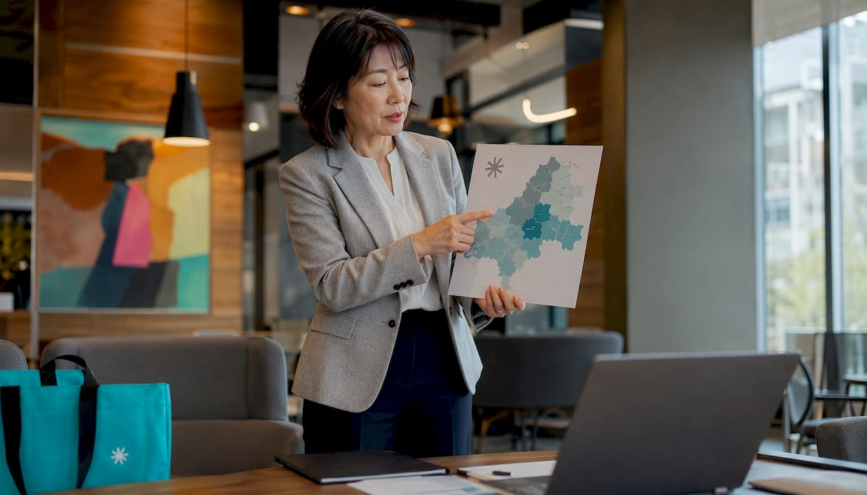 Woman studying job market map in lobby area