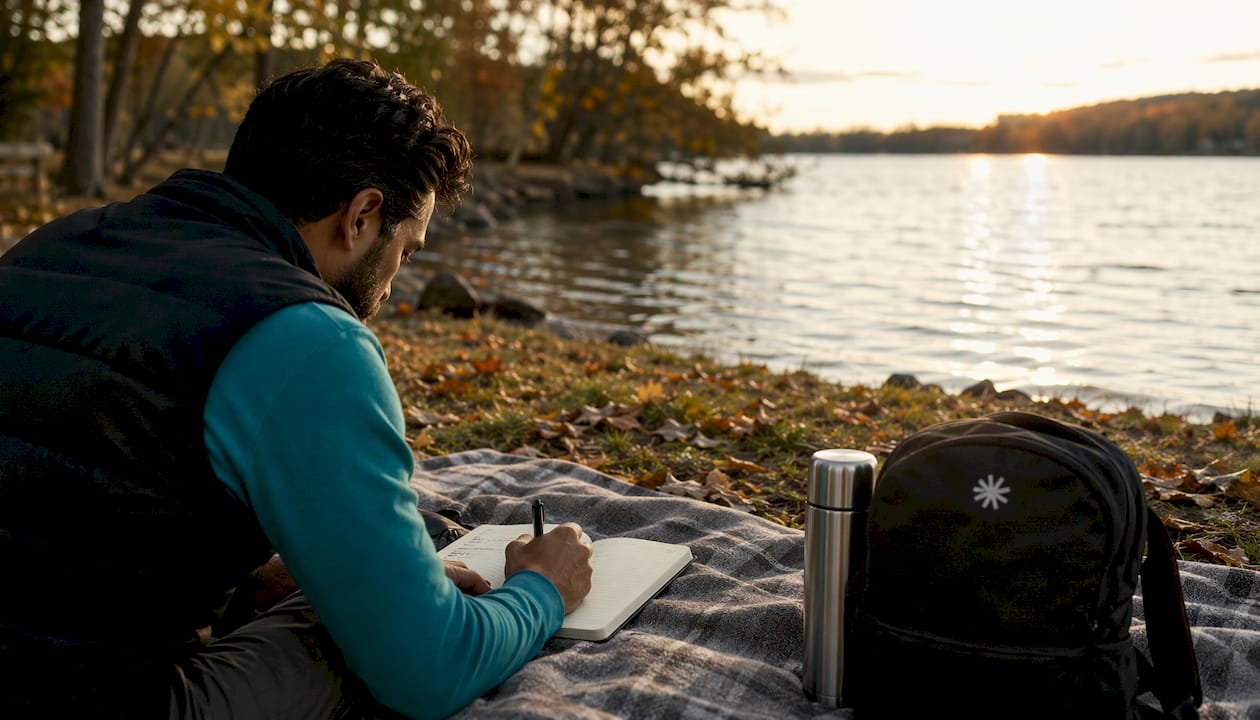 Hands writing career clarity notes on bench outdoors